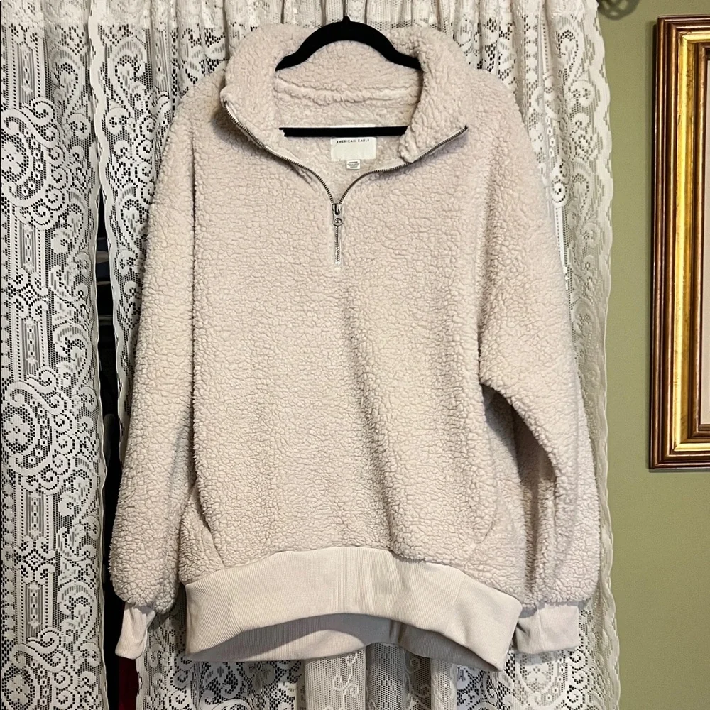 American Eagle Outfitters Cream Sherpa Quarter-Zip Pullover - Picture 1 of 7